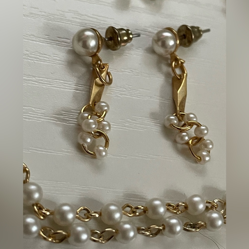 Vintage Set Brooch Round Gold Tone  Pearl Circle Pin Necklace Dangle Earring